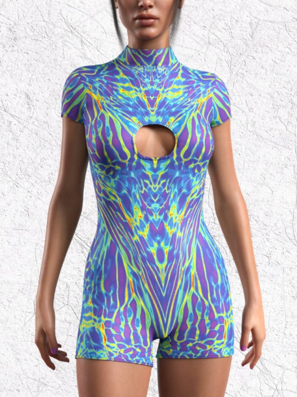 CANDY CATZ Women Medium Rave Festival Neon Electra Complex Short Sleeve Romper